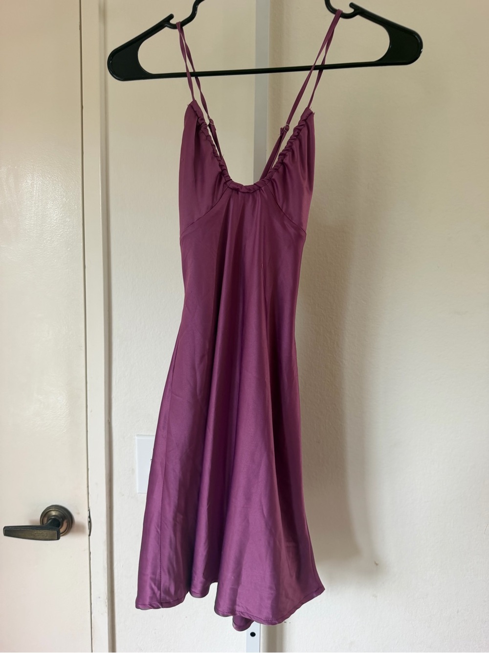 Princess Polly Plum Satin Slip Mini Dress cross back (has a thread on the front)